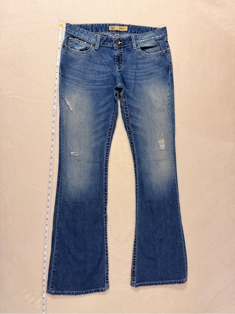 BKE Sabrina Y2K Low Rise Flare Jeans 32x35.5 Distressed Denim